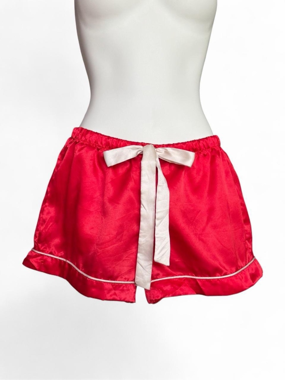Just Love Red Satin Lounge Shorts with Cream Tie